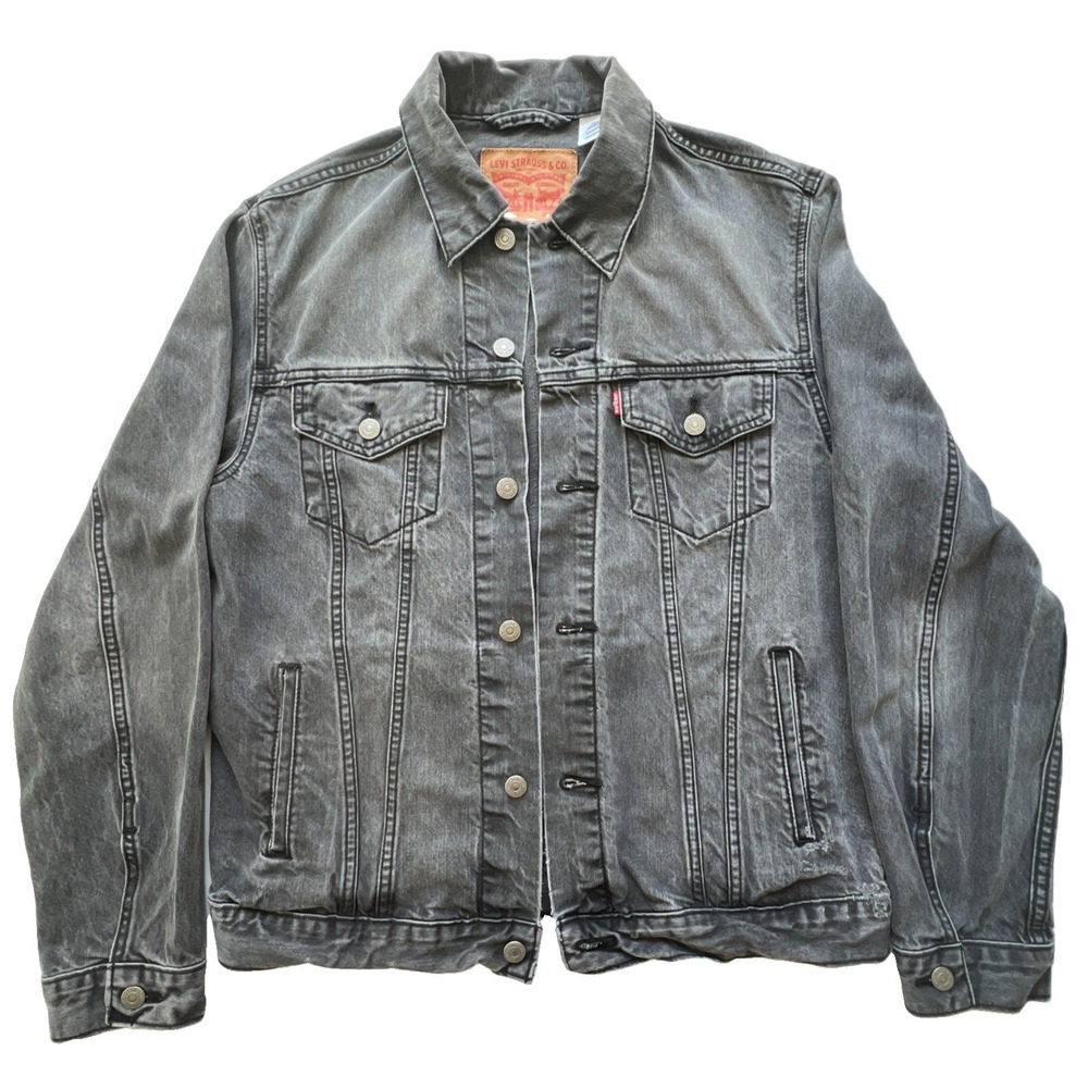 Levis Trucker Jacket Mens L Faded Gray Black Cotton Denim Distressed Workwear